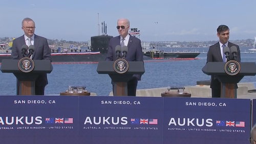 Anthony Albanese, Joe Biden and Rishi Sunak announce the AUKUS deal.