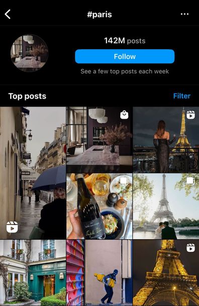 Screenshot of the Paris hashtag on Instagram.