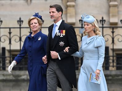Queen Anne-Marie, Pavlos, Crown Prince of Greece and Marie-Chantal, Crown Princess of Greece attend the Coronation of King Charles III and Queen Camilla on May 06, 2023 in London, England. 