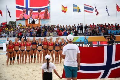 Norway team line up during 2018 Women's Beach Handball World Cup final against Greece on July 29, 2018 in Kazan, Russia. 