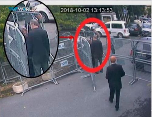 This image taken from CCTV video obtained by the Turkish broadcaster TRT World, purportedly showing Saudi journalist Jamal Khashoggi talking to his fiancee Hatice Cengiz, seen in expanded view, before entering the Saudi consulate in Istanbul, earlier this month.