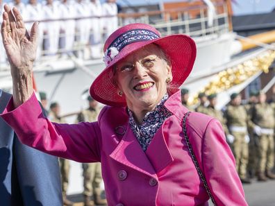 Denmark's Queen Margrethe waves on arrival during the summer voyage to Esbjerg, Denmark, Tuesday, Aug. 31, 2021. (John Randeris/Ritzau Scanpix via AP)