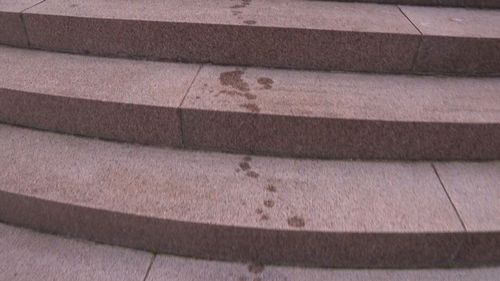 Two men allegedly sprayed an unknown oil-based substance on the Anzac memorial
