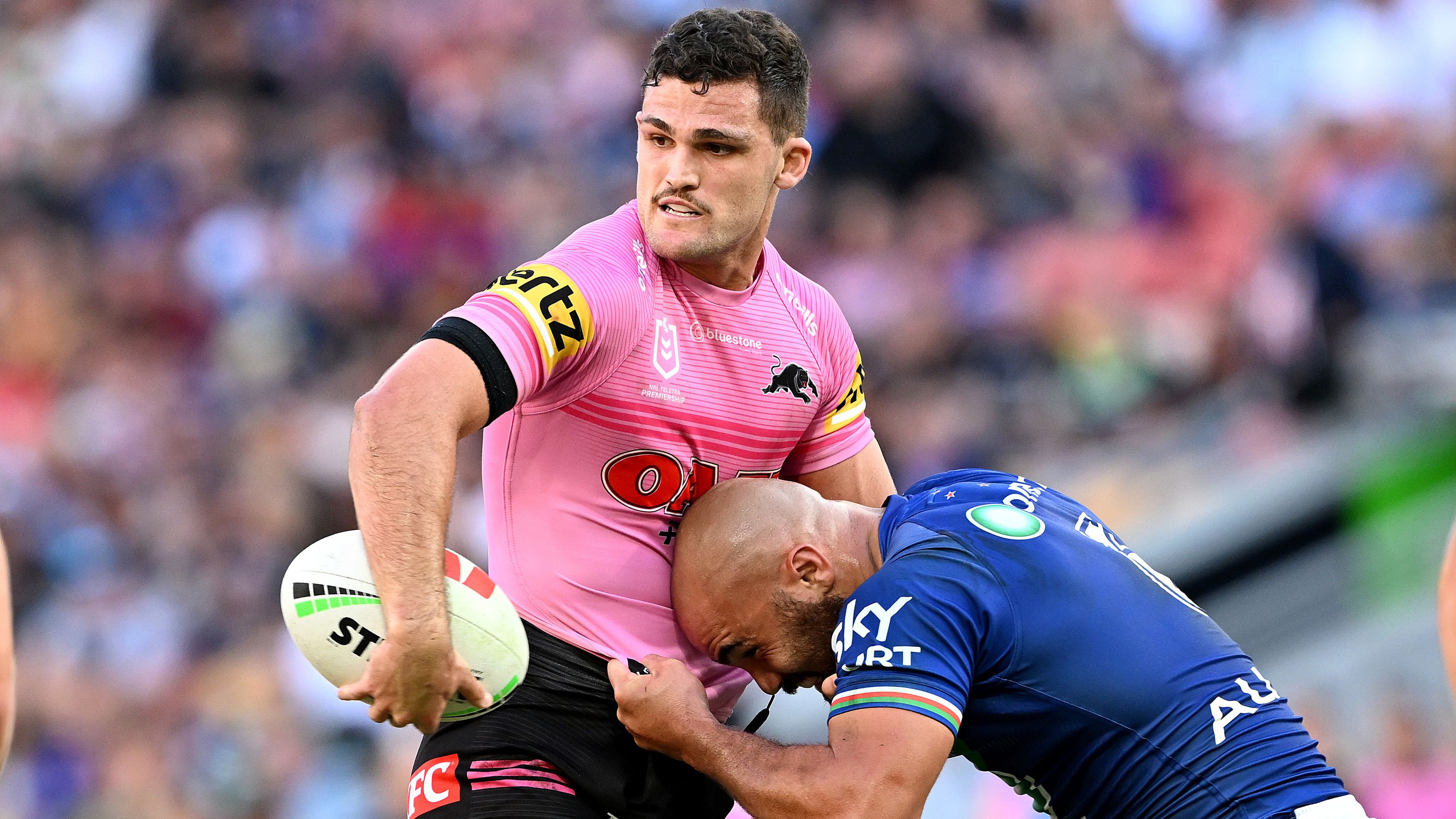 Nathan Cleary of the Panthers looks to offload during the round 10 NRL match between the New Zealand Warriors and Penrith Panthers at Suncorp Stadium on May 06, 2023 in Brisbane, Australia. (Photo by Bradley Kanaris/Getty Images)
