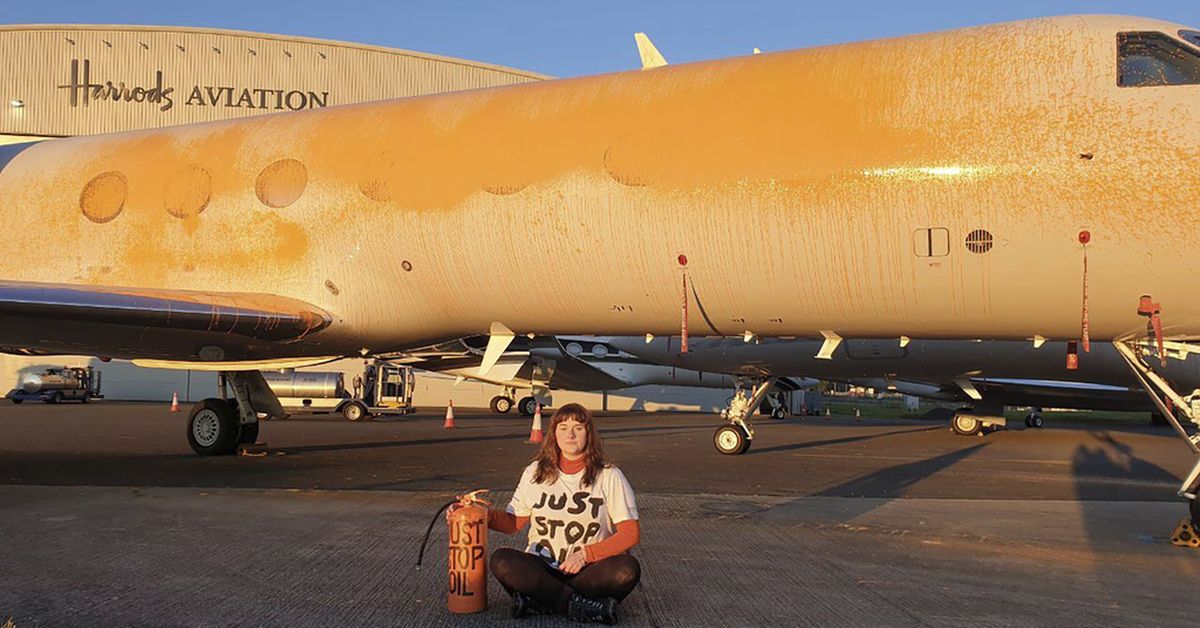 Simply Cease Oil activists arrested for spray-painting jets orange at London Stansted Airport