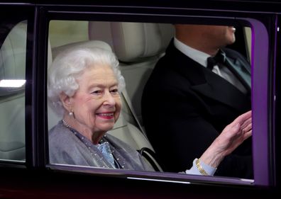 WINDSOR, ENGLAND - MAY 15:  Queen Elizabeth II during the "A Gallop Through History" performance as part of the official celebrations for Queen Elizabeth II's Platinum Jubilee at the Royal Windsor Horse Show at Home Park on May 15, 2022 in Windsor, England. (Photo by Chris Jackson/Getty Images)