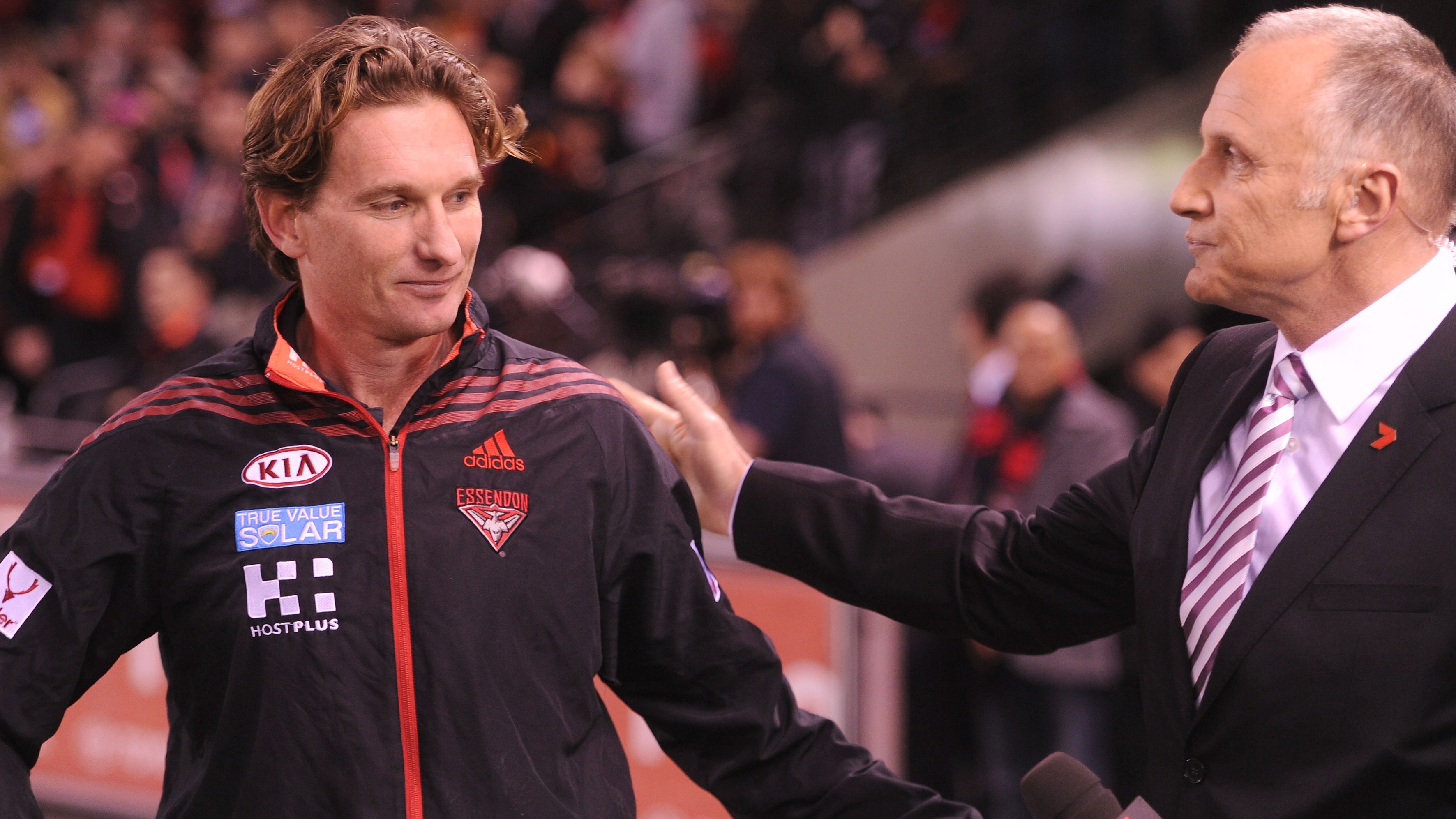 Tim Watson and James Hird pictured during Hird&#x27;s tenure as Essendon coach in 2013