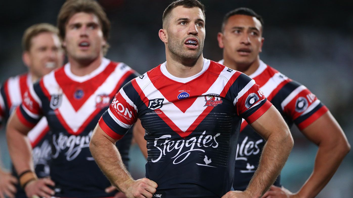 Sydney Roosters players look on in their historic loss to the Rabbitohs. 