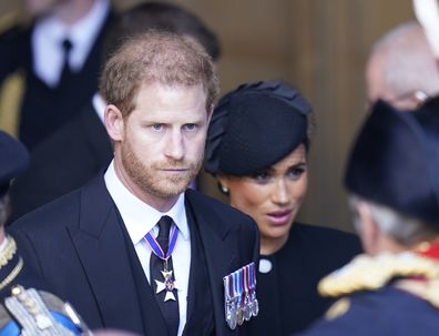 Prince Harry and Meghan, Duchess of Sussex leave Westminster Hall, London, Wednesday, Sept. 14, 2022 after the coffin of Queen Elizabeth II was brought to the hall to lie in state ahead of her funeral on Monday.