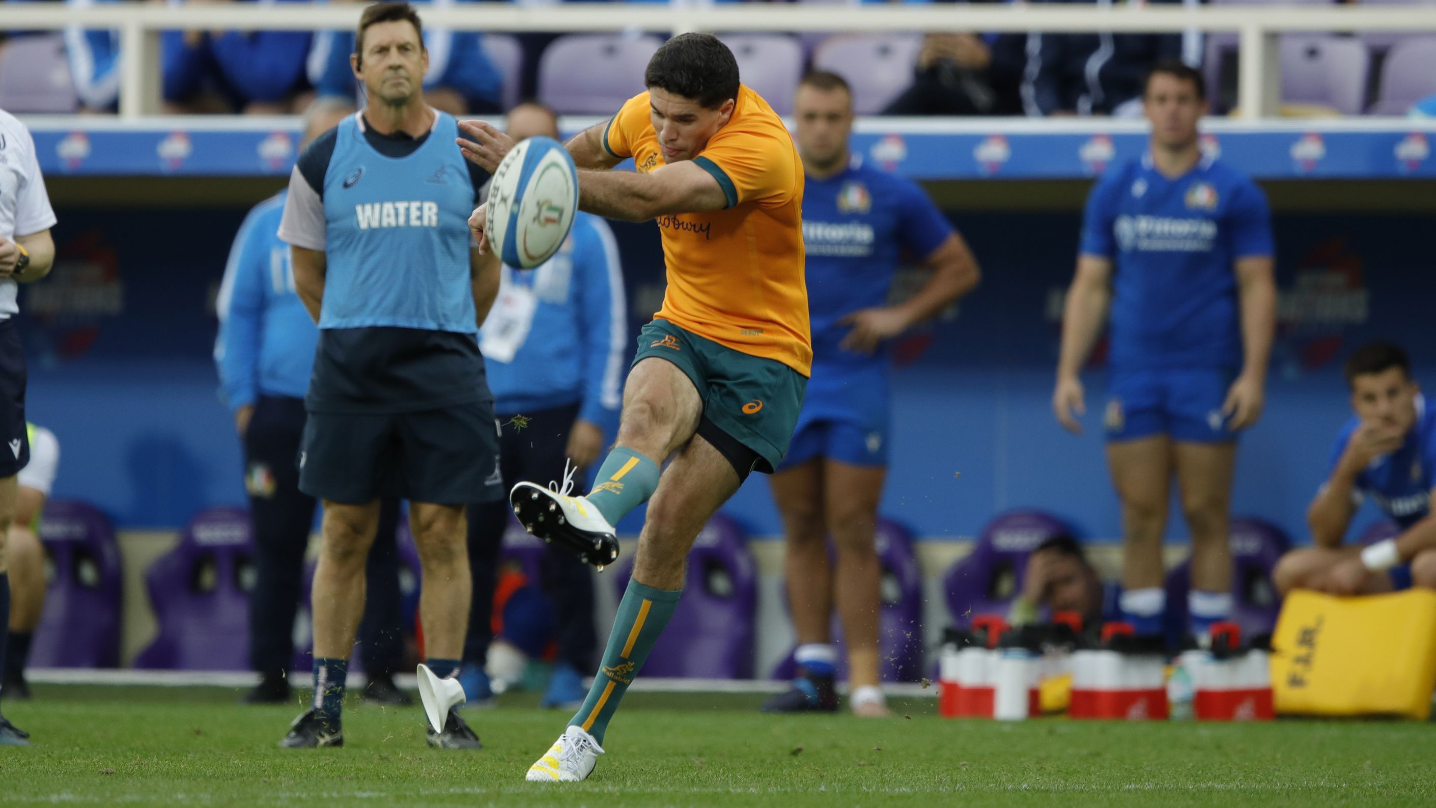 Ben Donaldson kicks a conversion for the Wallabies against Italy.