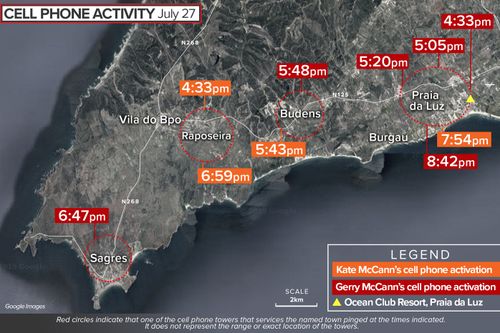 Map showing cell phone mast pings of Kate and Gerry McCann in Portugal, 2007.