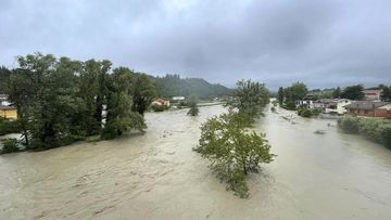 A view of an overflowing Savio river in Cesena, central Italy, Wednesday, May 17, 2023. 