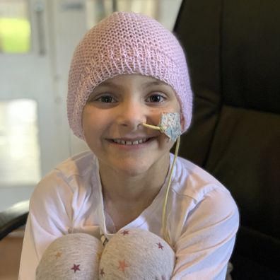 Lucy Veliades in hospital during cancer treatment.