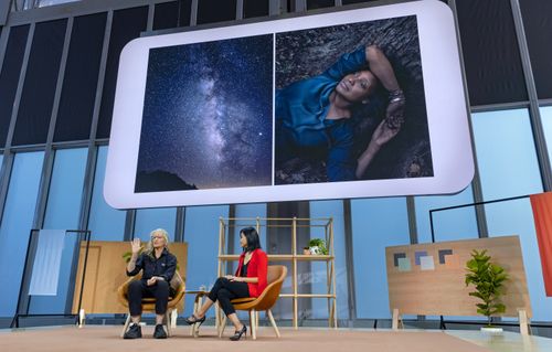 Photographer Annie Leibovitz, left, and Lily Lin, with Google, talk about Leibovitz' experience using the Google Pixel 4 in a professional setting.