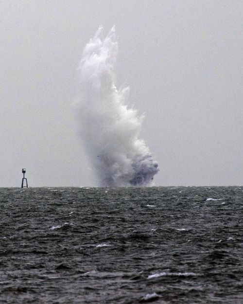 Royal Navy bomb disposal experts detonate an unexploded Second World War bomb in the Thames estuary off Shoeburyness, Essex, after its discovery earlier this week in the King V George Dock close to London City Airport which led to the closure of the airport and the cancellation of dozens of flights (Stefan Rousseau/PA Wire)