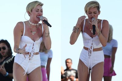 September 20-21: In her first performance post-split, Miley bawls her eyes out onstage while singing 'Wrecking Ball' at the iHeartRadio Festival. <br/><br/>Clearly overwhelmed by the break-up, Cyrus seemed pretty composed despite the black mascara running down her cheeks. Poor thing!<br/><br/><br/><br/>