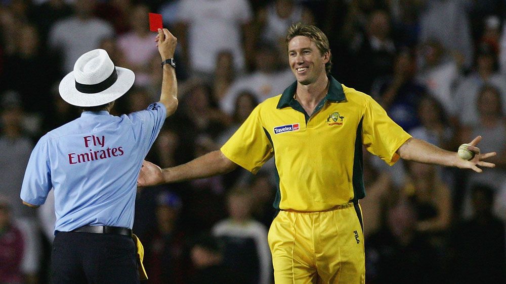 Billy Bowden red carded Glenn McGrath during the inaugural T20 international but it was a joke. (Getty)