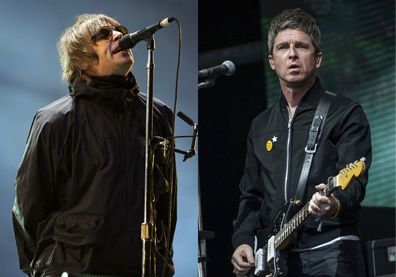 Liam Gallagher performs at the Reading Music Festival, England on Aug. 29, 2021, left, and Noel Gallagher performs at the Glastonbury Festival in Worthy Farm, Somerset, England, on June 25, 2022.  