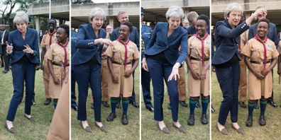 Theresa May also danced when she met scouts at the united Nations offices in Nairobi in August.