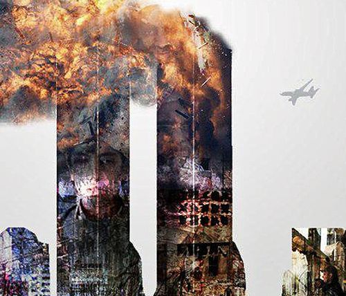 Part of the Al-Qaeda commemorative statement showing the face of Hamza bin Laden on a burning Twin Towers.