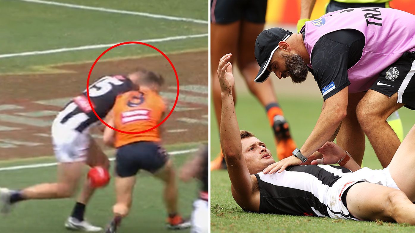 Collingwood recruit Nathan Kreuger goes down in brutal collision as Giants defeat Magpies