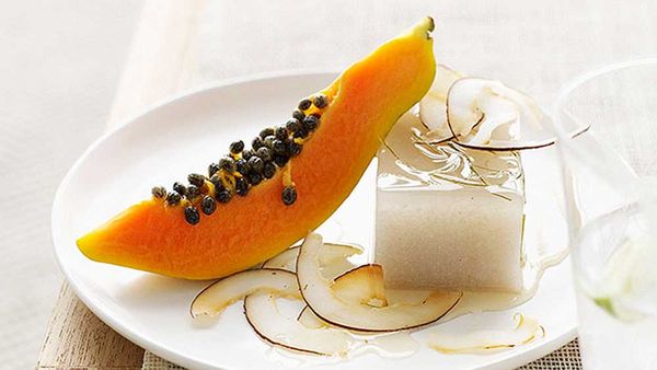 Image: Papaya with coconut jelly with kaffir lime syrup for Gourmet Traveller