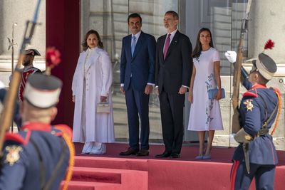 The Emir of Qatar Sheikh Tamim bin Hamad Al Thani, second left, his wife Jawaher bint Hamad bin Suhaim Al Thani, left, Spain's King Felipe and his wife Queen Letizia.
