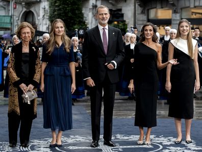 King Felipe VI of Spain, Queen Letizia of Spain, Queen Sofia of Spain, Crown Princess Leonor of Spain and Princess Sofia of Spain arrive at the "Princesa de Asturias" Awards at Teatro Campoamor on October 20, 2023 in Asturias, Spain. 