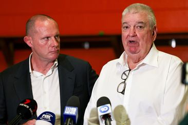 Wests Tigers CEO Shane Richardson (right) addresses the media alongside Inner West Sydney Council Mayor Darcy Byrne. 