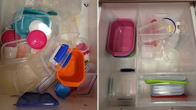 Plastic container drawer makeover using Kmart wide and high roller storage compartment