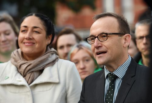 Australian Greens candidate for the federal seat of Batman Alex Bhathal (left) and Australian Greens MP and member for Melbourne Adam Bandt speak to media during a press conference in Northcote, Melbourne, Tuesday, June 21, 2016. (AAP Image/Tracey Nearmy)