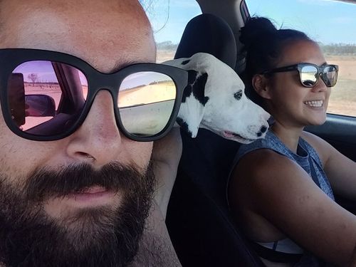 José, 29, and Nicky, 32, were driving home to Cairns from Adelaide with their puppy Loki when they got bogged on an outback road.