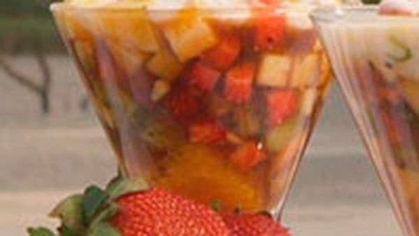 Fruit salad with sugar cane syrup and coconut cream