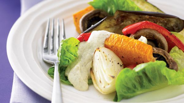 Roast vegetable salad with tofu and pesto mayonnaise