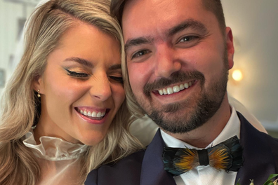 Grace Helbig with husband Elliott Morgan on the couple's wedding day in February this year.