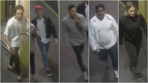 Detectives have released images of four men and a woman who they believe may be able to assist with their enquiries. Image: Victoria Police. 