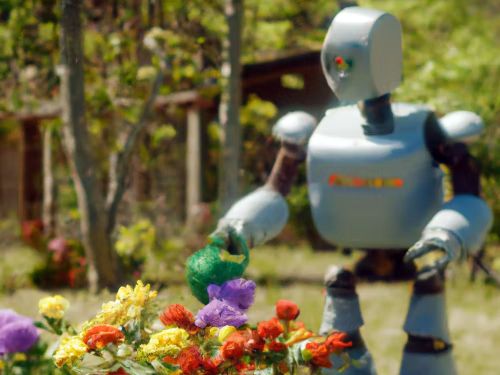 An AI-generated image of 'a robot tending a botanical garden'.