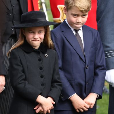 Princess Charlotte and Prince George pictured during Queen Elizabeth's funeral, September 19, 2022.