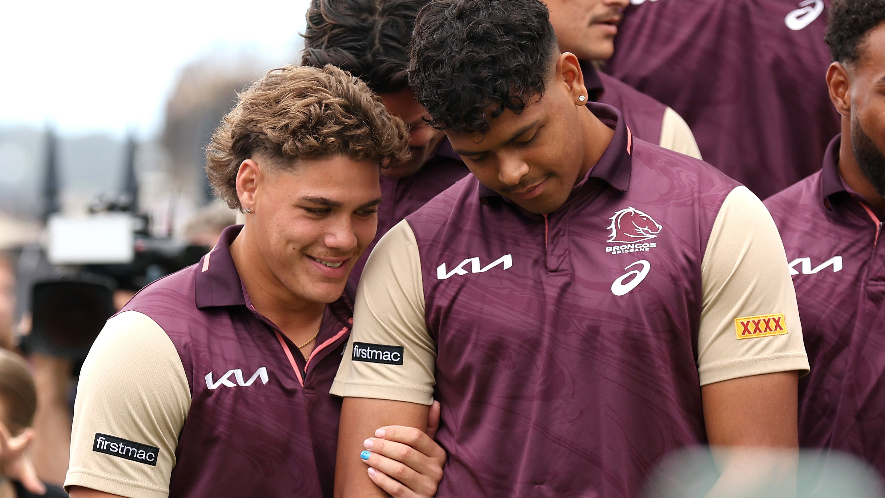 Reece Walsh and Selwyn Cobbo of the Broncos.