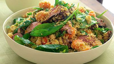 <a href="http://kitchen.nine.com.au/2016/05/17/14/56/spiced-lamb-couscous-and-spinach-salad" target="_top" draggable="false">Spiced lamb, couscous and spinach salad</a> recipe