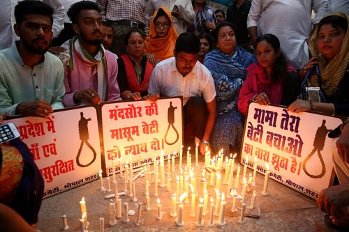 he protest was held over the brutal rape of a seven-year-old girl who is undergoing treatment in a hospital. According to a news report, a seven-year-old girl was allegedly kidnapped from outside her school and gang raped in Mandsaur. Two arrests have been made in the case, according to news reports. EPA/SANJEEV GUPTA