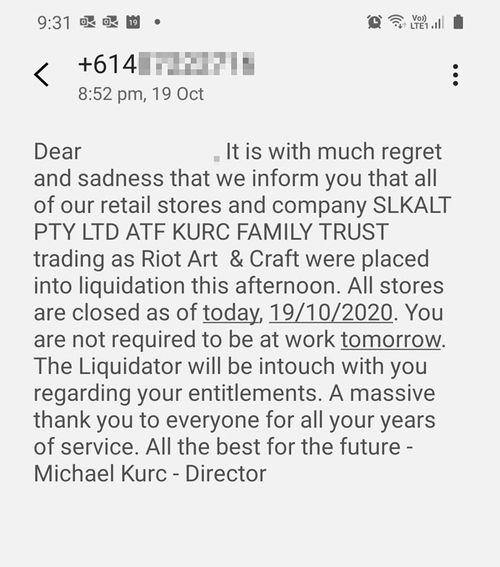 The text message sent to staff informing them they had lost their jobs and all stores were to close.