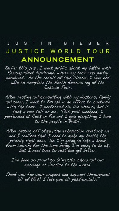 Justin Bieber releases statement about Justice world tour on Instagram Story