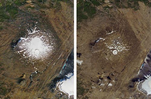 Photos provided by NASA shows the shrinking of the Okjokull glacier on the Ok volcano in west-central Iceland. A geological map from 1901 estimated Okjokull spanned an area of about 38 square kilometres. In 1978, aerial photography showed the glacier was 3 square kilometres. In 2019, less than 1 square kilometre remains. The photo on the left is taken 1986, and on right 2019.