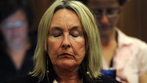 June Steenkamp, mother of Reeva Steenkamp, closes her eyes during the court appearance. (EPA/WERNER BEUKES)