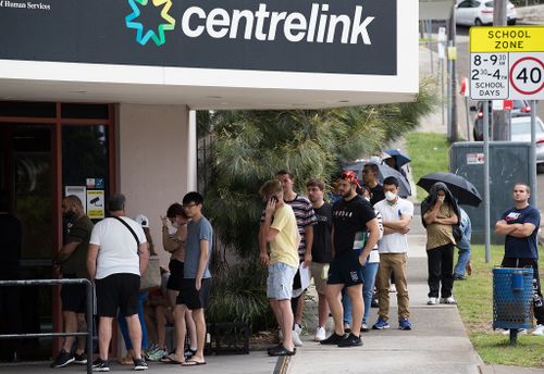 A line of unemployed Australians at Centrelink in Rockdale, Sydney.