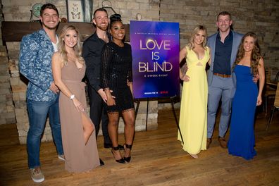 Season 1 Lovie is Blind contestants Matt Barnett, Amber Pike, Cameron Hamilton, Lauren Speed, Giannina Gibelli, Damian Powers, and Kelly Chase