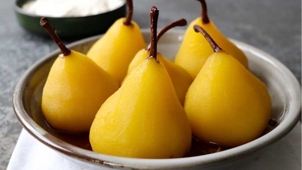 Saffron and pink pepper poached pears