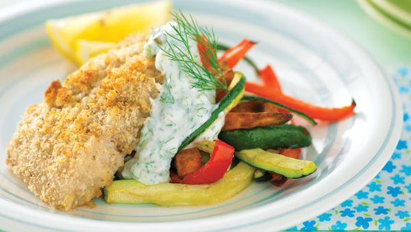 Fish and vegie chips with caper yogurt