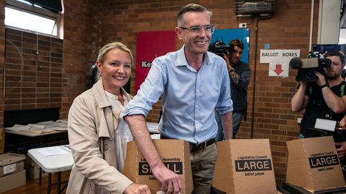 NSW premier Premier Dominic Perrottet along with his wife Helen Perrottet cast their votes